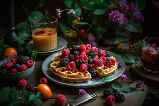 Crispy waffles with fresh berries in a garden (generative AI)