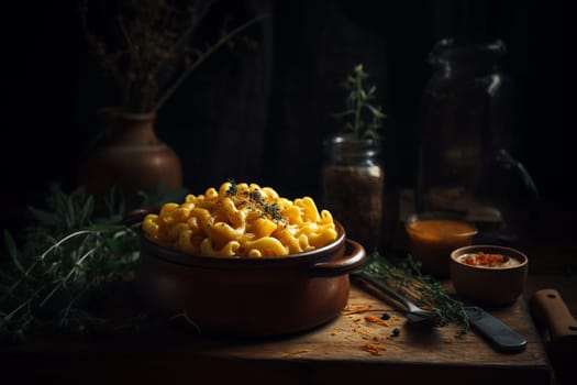 Comforting and indulgent mac and cheese, the perfect dish for a cozy night in with a movie (generative AI)