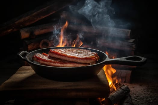Sizzling bacon on a mountain cabin (generative AI)