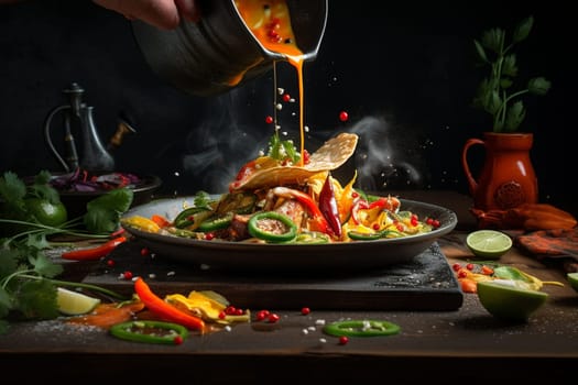 Sizzling hot fajitas served at a vibrant and colorful Mexican restaurant for a fun and delicious dinner (generative AI)