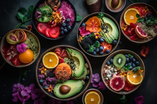 Fresh and colorful poke bowls filled with protein and yummy veggies, the perfect healthy lunch to fuel your day (generative AI)