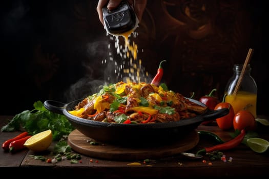 Sizzling hot fajitas served at a vibrant and colorful Mexican restaurant for a fun and delicious dinner (generative AI)