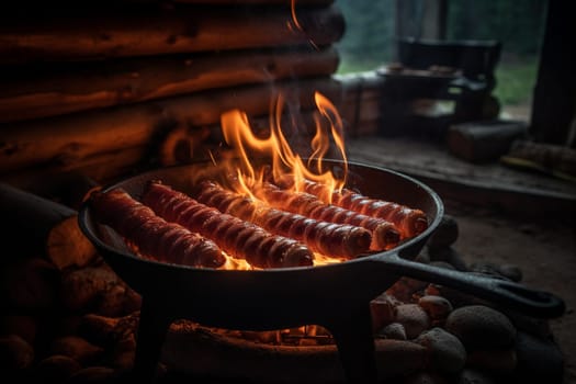 Sizzling bacon on a mountain cabin (generative AI)