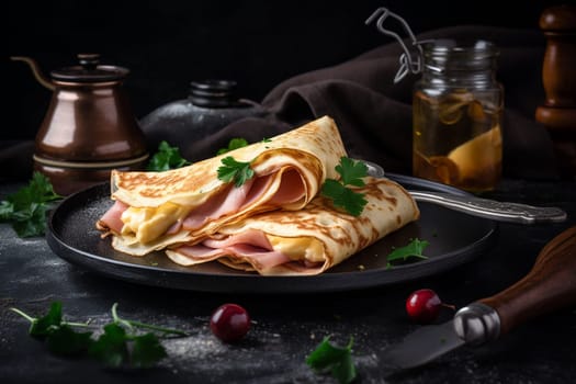Thin crepes filled with salty ham and gooey melted cheese (generative AI)