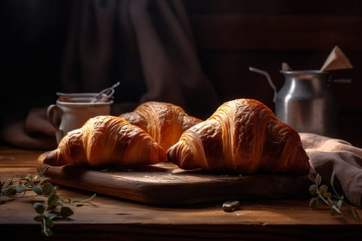 Flaky, buttery croissants served with a perfect cup of coffee while you people watch in a charming Parisian cafe (generative AI)