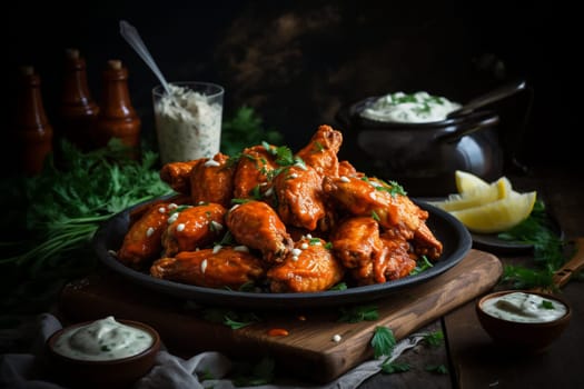 Crispy chicken wings tossed in spicy buffalo sauce, served with tangy blue cheese dip (generative AI)