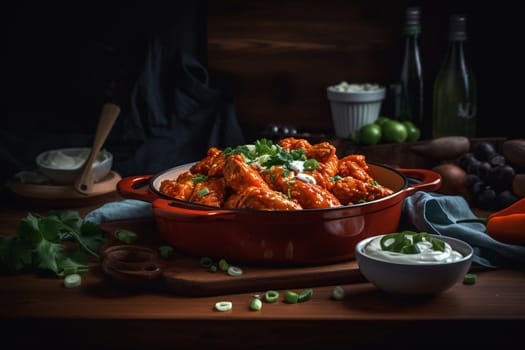 Crispy chicken wings tossed in spicy buffalo sauce, served with tangy blue cheese dip (generative AI)