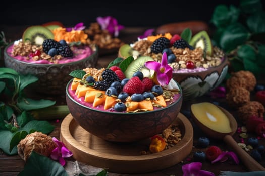 Colorful and nutrient-packed smoothie bowls served in a tropical paradise for the ultimate healthy and stunning breakfast (generative AI)