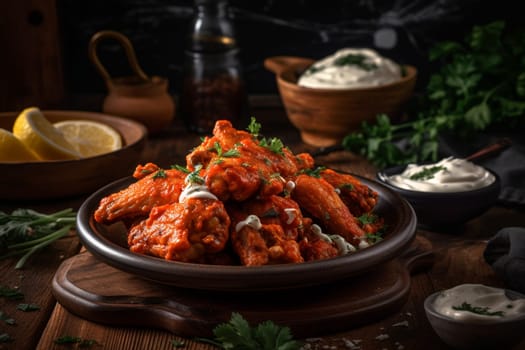 Crispy chicken wings tossed in spicy buffalo sauce, served with tangy blue cheese dip (generative AI)