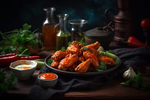 Crispy chicken wings tossed in spicy buffalo sauce, served with tangy blue cheese dip (generative AI)