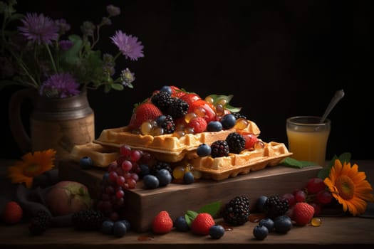 Crispy waffles with fresh berries in a garden (generative AI)