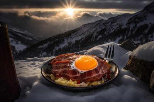 Sizzling bacon on a mountain cabin (generative AI)