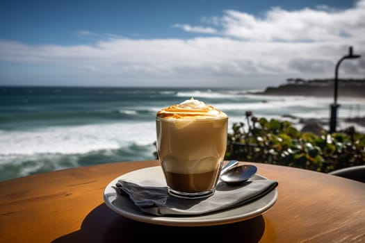 Frothy latte with a view of the ocean (generative AI)