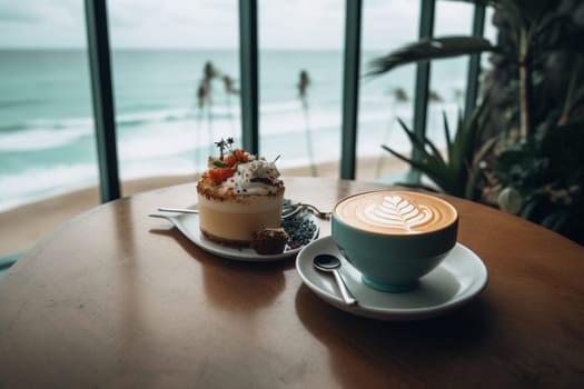 Frothy latte with a view of the ocean (generative AI)