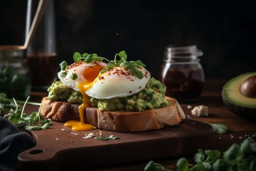 Perfectly ripe avocado mashed on a slice of toast and topped with a perfectly poached egg (generative AI)