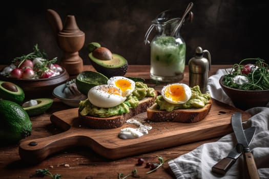 Perfectly ripe avocado mashed on a slice of toast and topped with a perfectly poached egg (generative AI)