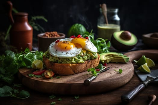 Perfectly ripe avocado mashed on a slice of toast and topped with a perfectly poached egg (generative AI)