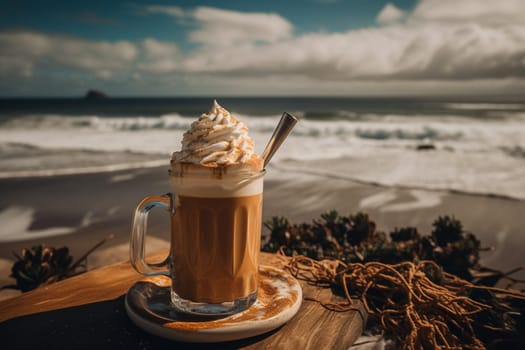 Frothy latte with a view of the ocean (generative AI)