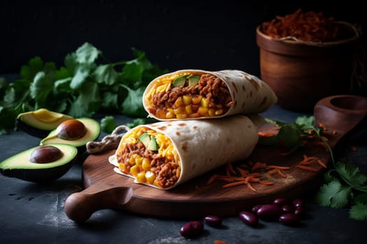 A flour tortilla filled with scrambled eggs, sausage, and cheese (generative AI)