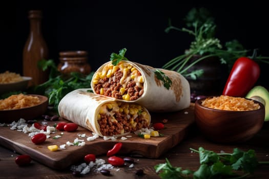 A flour tortilla filled with scrambled eggs, sausage, and cheese (generative AI)
