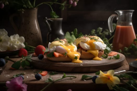 Hearty eggs benedict on a farmhouse porch (generative AI)