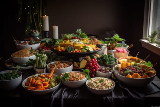 Enjoy a vegan buffet at a scenic wedding reception by the lake (generative AI)