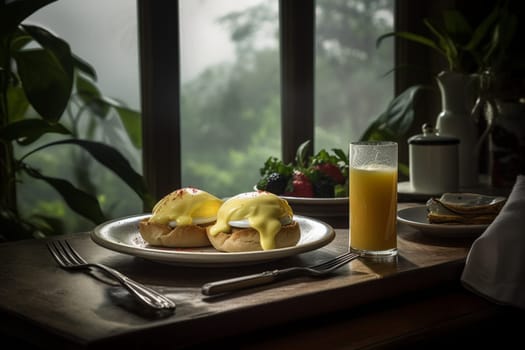 Hearty eggs benedict on a farmhouse porch (generative AI)
