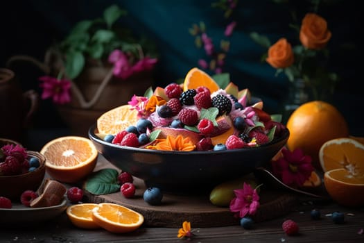 Vibrant fruit bowl on a patio (generative AI)