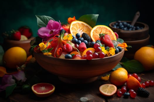 Vibrant fruit bowl on a patio (generative AI)