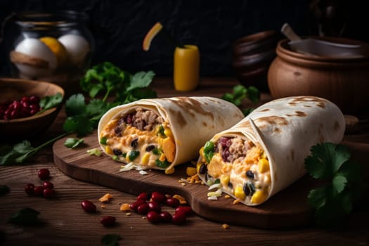 A flour tortilla filled with scrambled eggs, sausage, and cheese (generative AI)
