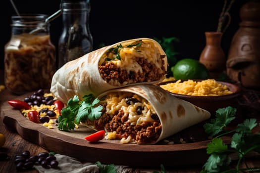 A flour tortilla filled with scrambled eggs, sausage, and cheese (generative AI)