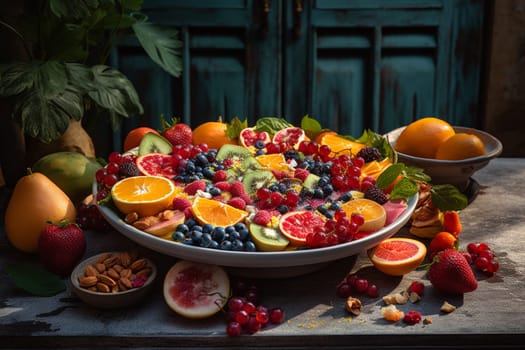 Vibrant fruit bowl on a patio (generative AI)