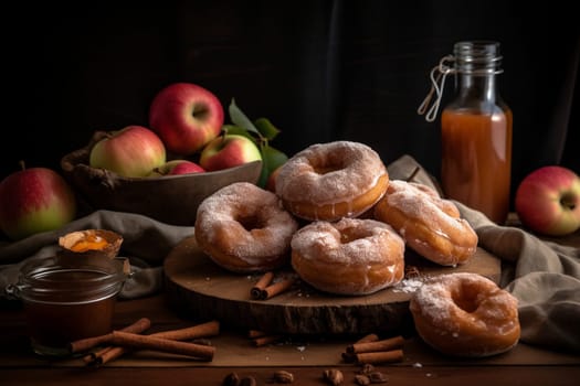 Freshly fried donuts bursting with warm apple cider flavor, topped with cinnamon sugar coating (generative AI)