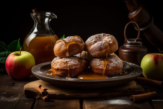 Freshly fried donuts bursting with warm apple cider flavor, topped with cinnamon sugar coating (generative AI)