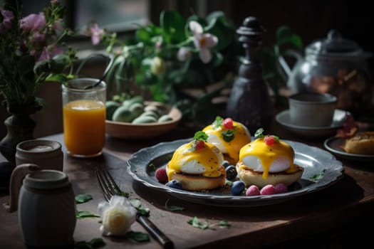 Hearty eggs benedict on a farmhouse porch (generative AI)