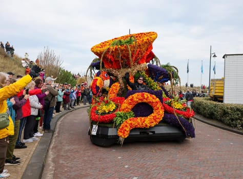Noordwijk, Netherlands - April 22, 2023: The traditional flowers parade Bloemencorso from Noordwijk to Haarlem in the Netherlands.