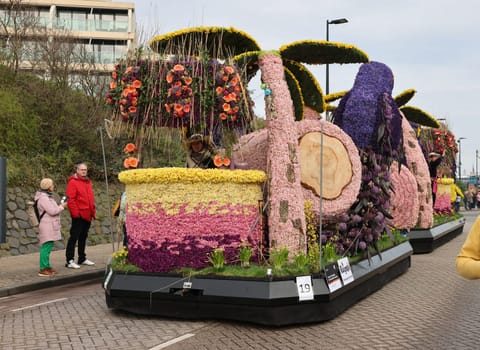 Noordwijk, Netherlands - April 22, 2023: The traditional flowers parade Bloemencorso from Noordwijk to Haarlem in the Netherlands.