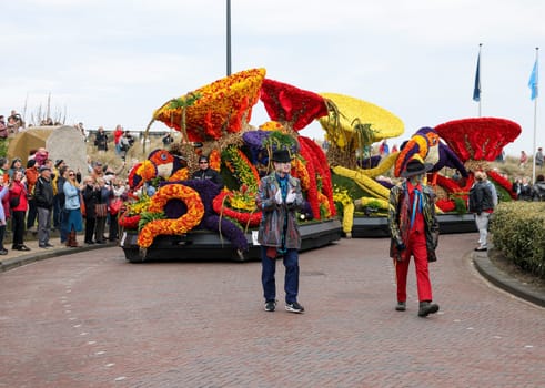 Noordwijk, Netherlands - April 22, 2023: The traditional flowers parade Bloemencorso from Noordwijk to Haarlem in the Netherlands.