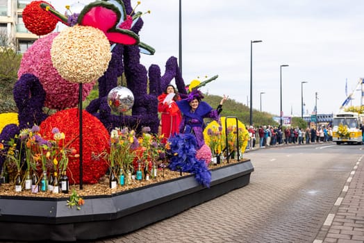 Noordwijk, Netherlands - April 22, 2023: The traditional flowers parade Bloemencorso from Noordwijk to Haarlem in the Netherlands.