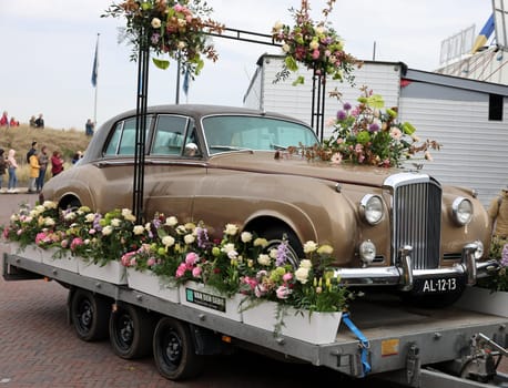 Noordwijk, Netherlands - April 22, 2023: The traditional flowers parade Bloemencorso from Noordwijk to Haarlem in the Netherlands.