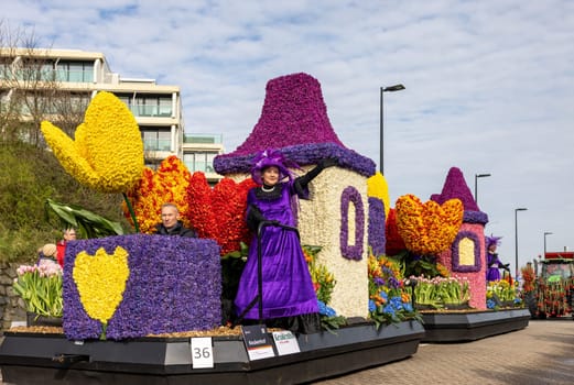 Noordwijk, Netherlands - April 22, 2023: The traditional flowers parade Bloemencorso from Noordwijk to Haarlem in the Netherlands.
