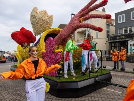 Noordwijk, Netherlands - April 22, 2023: The traditional flowers parade Bloemencorso from Noordwijk to Haarlem in the Netherlands.