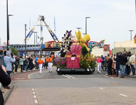 Noordwijk, Netherlands - April 22, 2023: The traditional flowers parade Bloemencorso from Noordwijk to Haarlem in the Netherlands.