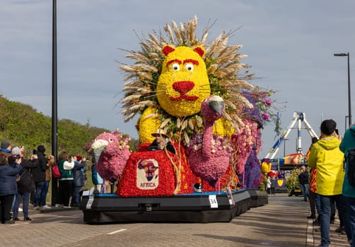 Noordwijk, Netherlands - April 22, 2023: The traditional flowers parade Bloemencorso from Noordwijk to Haarlem in the Netherlands.