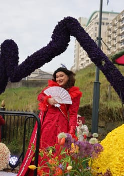 Noordwijk, Netherlands - April 22, 2023: The traditional flowers parade Bloemencorso from Noordwijk to Haarlem in the Netherlands.
