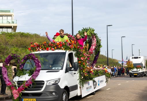 Noordwijk, Netherlands - April 22, 2023: The traditional flowers parade Bloemencorso from Noordwijk to Haarlem in the Netherlands.
