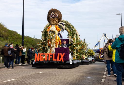 Noordwijk, Netherlands - April 22, 2023: The traditional flowers parade Bloemencorso from Noordwijk to Haarlem in the Netherlands.