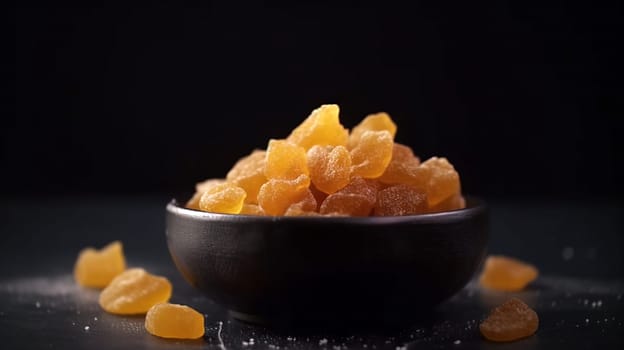 Candied ginger in black bowl, against dark background, , Generative AI, AI generated