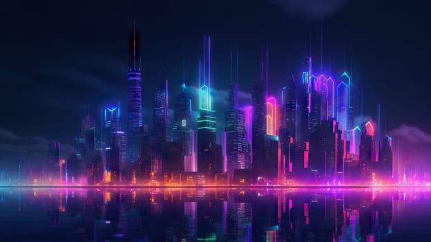 Night panorama of a modern city, neon light, lights of a large metropolis, high-rise buildings, generative AI, AI generated