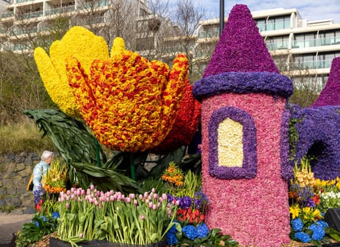 Noordwijk, Netherlands - April 22, 2023: The traditional flowers parade Bloemencorso from Noordwijk to Haarlem in the Netherlands.